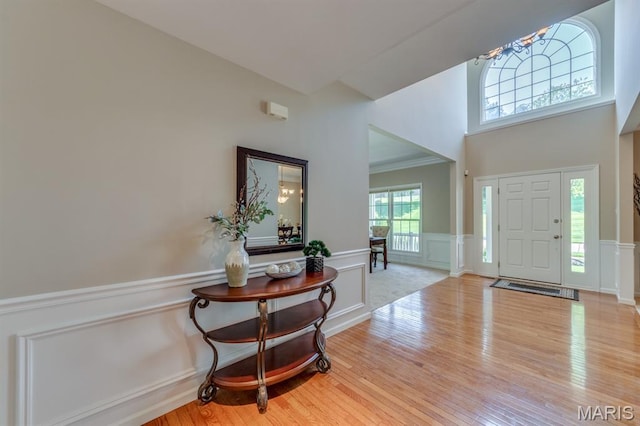 1515 Dietrich Glen Dr, Ballwin, MO 63021 - foyer entrance featuring wood finished floors, a high ceiling, a wainscoted wall, and a decorative wall