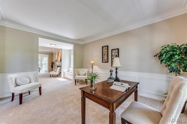 1515 Dietrich Glen Dr, Ballwin, MO 63021 - carpeted living area featuring ornamental molding, wainscoting, and an office area