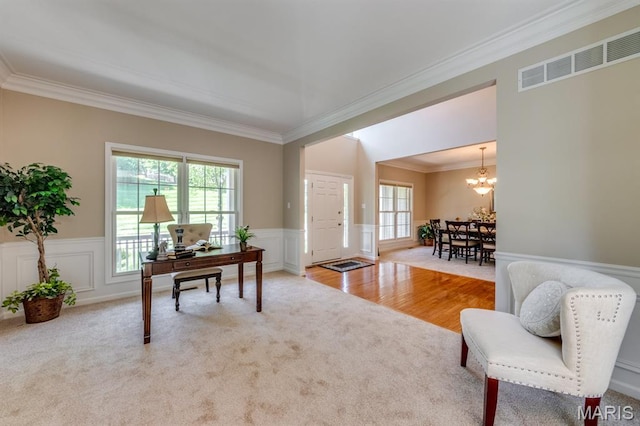 1515 Dietrich Glen Dr, Ballwin, MO 63021 - office featuring ornamental molding, light carpet, a chandelier, and wainscoting