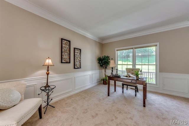 1515 Dietrich Glen Dr, Ballwin, MO 63021 - carpeted home office featuring crown molding, wainscoting, and a decorative wall