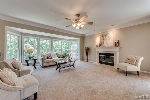 1515 Dietrich Glen Dr, Ballwin, MO 63021 - living room with crown molding, a ceiling fan, a fireplace with flush hearth, and light carpet