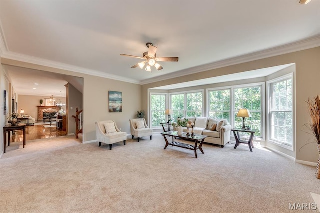 1515 Dietrich Glen Dr, Ballwin, MO 63021 - living room featuring light colored carpet, crown molding, a ceiling fan, and a chandelier