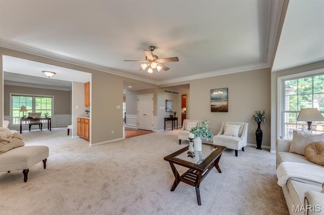 1515 Dietrich Glen Dr, Ballwin, MO 63021 - living room with crown molding, light colored carpet, and ceiling fan