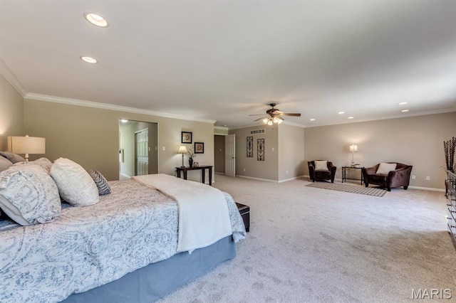 1515 Dietrich Glen Dr, Ballwin, MO 63021 - bedroom featuring light carpet, ornamental molding, recessed lighting, and a ceiling fan