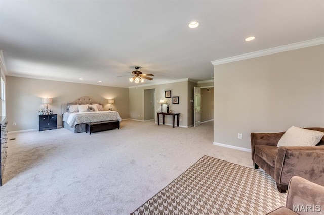 1515 Dietrich Glen Dr, Ballwin, MO 63021 - bedroom featuring crown molding, light colored carpet, recessed lighting, and a ceiling fan