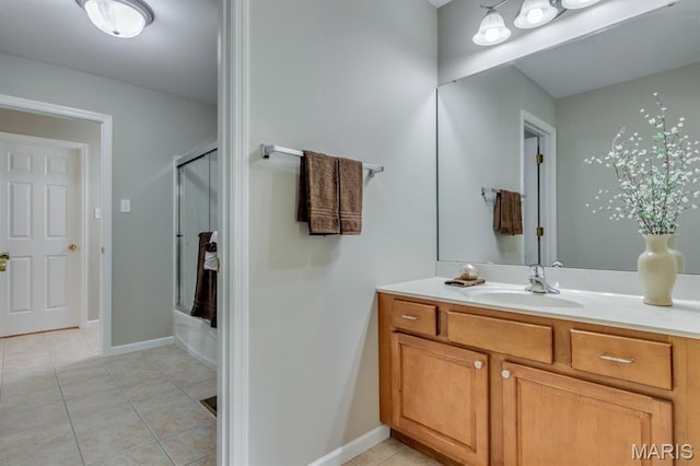 1515 Dietrich Glen Dr, Ballwin, MO 63021 - full bathroom featuring vanity, tile patterned flooring, and bath / shower combo with glass door
