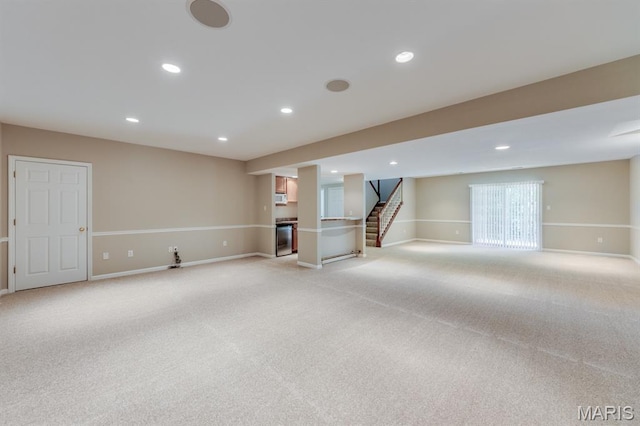 1515 Dietrich Glen Dr, Ballwin, MO 63021 - below grade area featuring stairway, light colored carpet, and recessed lighting