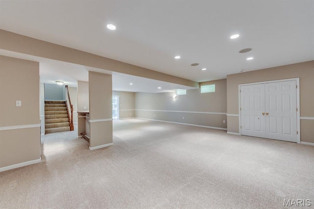 1515 Dietrich Glen Dr, Ballwin, MO 63021 - basement with light carpet, stairway, and recessed lighting