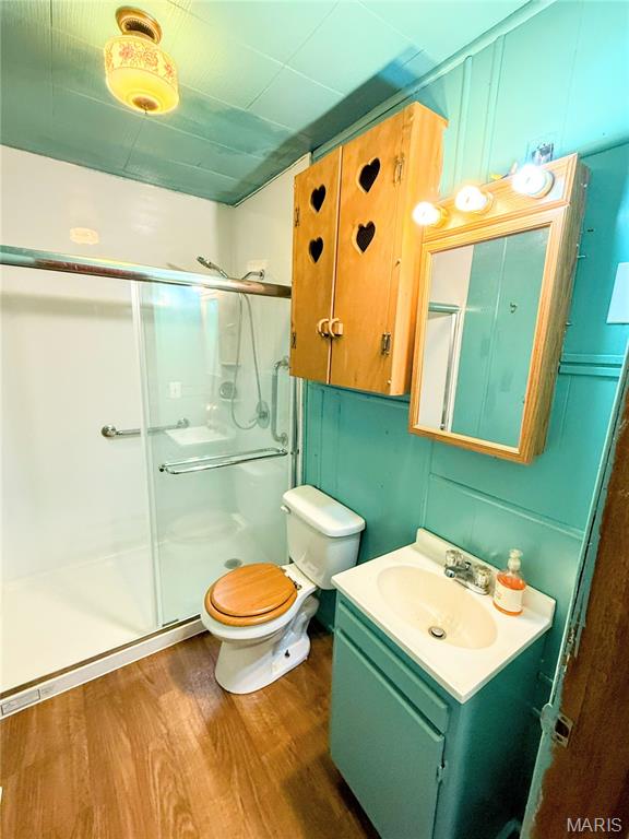 169 Grand Ave, Lebanon, MO 65536 - bathroom featuring a shower stall, vanity, and wood finished floors
