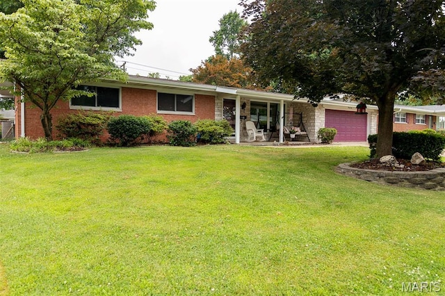 49 Bedford Dr, Belleville, IL 62226 - ranch-style home with a garage, a front lawn, brick siding, and a porch