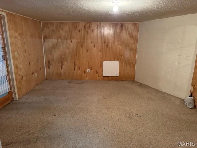 7 Forest Hills Dr, Washington, MO 63090 - carpeted empty room featuring a textured ceiling, wood walls, concrete block wall, and radiator