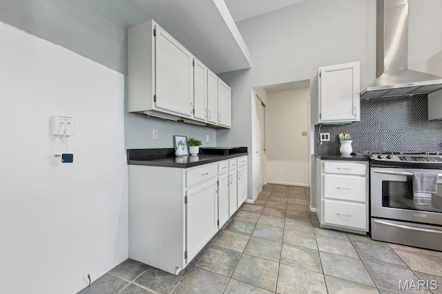 510 Wetherby Terrace Dr, Ballwin, MO 63021 - kitchen featuring wall chimney exhaust hood, stainless steel electric stove, dark countertops, and white cabinets