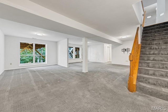 510 Wetherby Terrace Dr, Ballwin, MO 63021 - unfurnished living room featuring stairs and carpet flooring