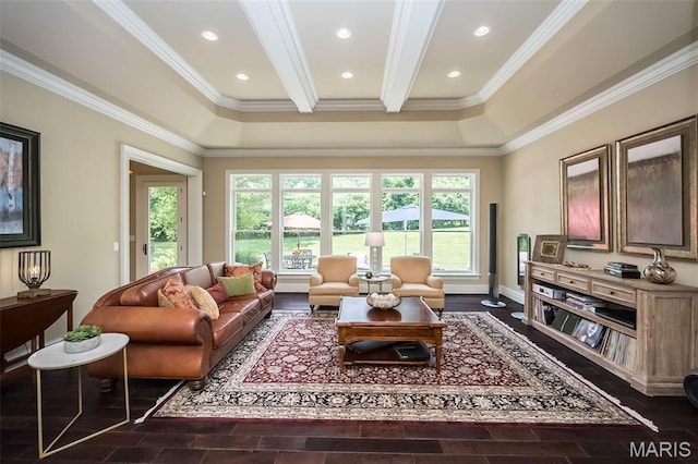 21 Lynnbrook Rd, Saint Louis, MO 63131 - living room featuring ornamental molding and recessed lighting