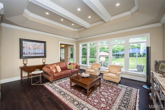 21 Lynnbrook Rd, Saint Louis, MO 63131 - living area featuring dark wood finished floors, ornamental molding, and recessed lighting
