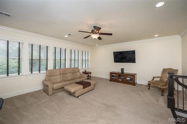21 Lynnbrook Rd, Saint Louis, MO 63131 - carpeted living area featuring ornamental molding, a ceiling fan, and recessed lighting