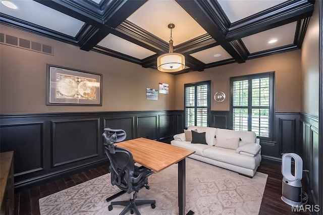 21 Lynnbrook Rd, Saint Louis, MO 63131 - office space with dark wood finished floors, beamed ceiling, wainscoting, coffered ceiling, and a decorative wall