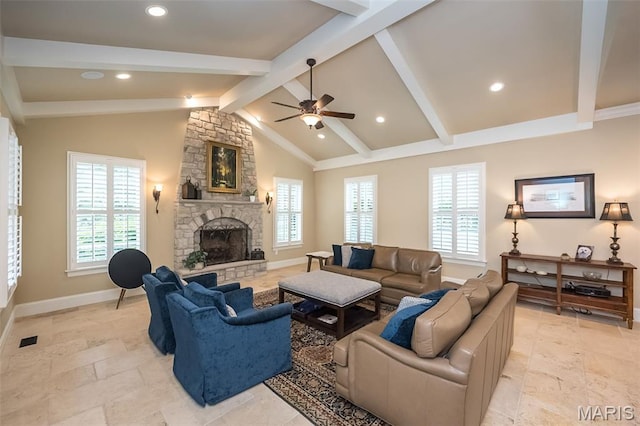 21 Lynnbrook Rd, Saint Louis, MO 63131 - living area with a ceiling fan, a fireplace, light stone finish flooring, and recessed lighting