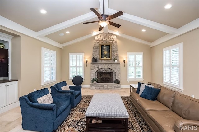 21 Lynnbrook Rd, Saint Louis, MO 63131 - living area featuring ceiling fan, a fireplace, and recessed lighting