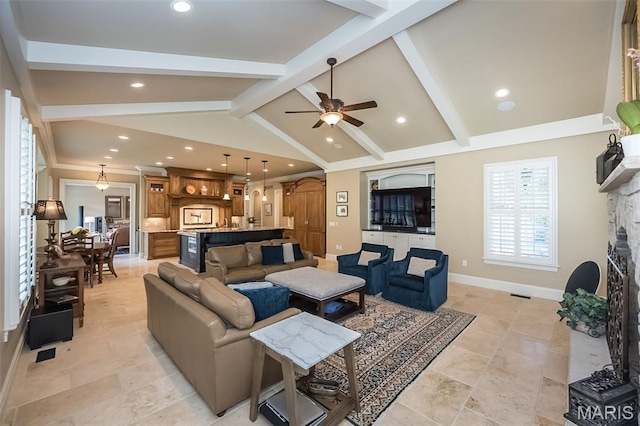 21 Lynnbrook Rd, Saint Louis, MO 63131 - living room featuring a fireplace, ceiling fan, and recessed lighting