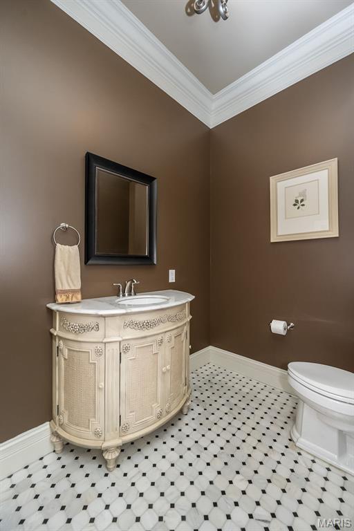 21 Lynnbrook Rd, Saint Louis, MO 63131 - bathroom with vanity and crown molding