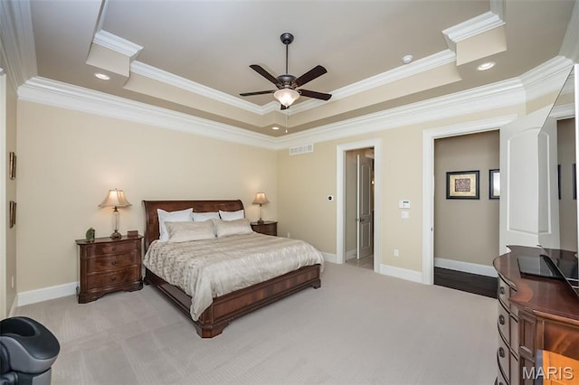 21 Lynnbrook Rd, Saint Louis, MO 63131 - bedroom featuring a raised ceiling, crown molding, light colored carpet, recessed lighting, and ceiling fan