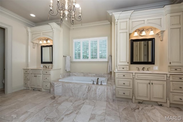 21 Lynnbrook Rd, Saint Louis, MO 63131 - bathroom featuring two vanities, a garden tub, marble look tile flooring, ornamental molding, and a chandelier
