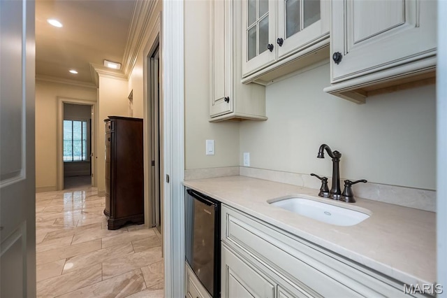 21 Lynnbrook Rd, Saint Louis, MO 63131 - kitchen featuring ornamental molding, glass insert cabinets, light countertops, recessed lighting, and light marble finish flooring