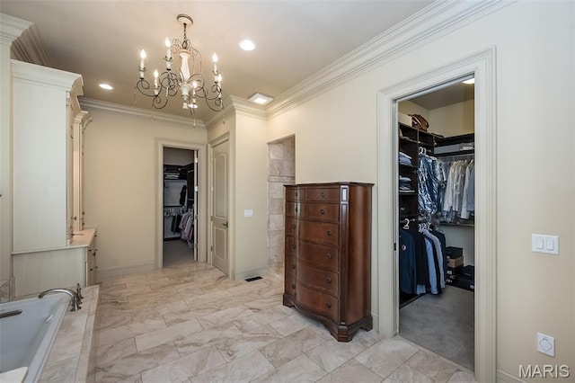 21 Lynnbrook Rd, Saint Louis, MO 63131 - corridor featuring a chandelier, crown molding, recessed lighting, and light marble finish flooring