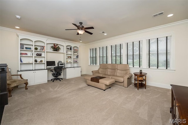21 Lynnbrook Rd, Saint Louis, MO 63131 - home office with a ceiling fan, ornamental molding, light carpet, recessed lighting, and built in study area