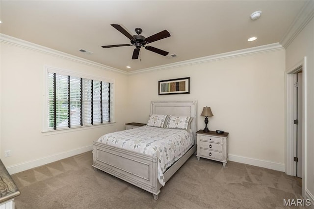 21 Lynnbrook Rd, Saint Louis, MO 63131 - carpeted bedroom with ornamental molding, recessed lighting, and ceiling fan