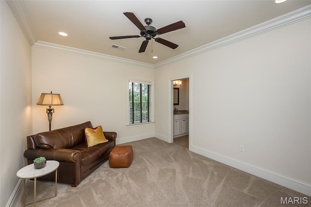 21 Lynnbrook Rd, Saint Louis, MO 63131 - sitting room with ornamental molding, carpet floors, a ceiling fan, and recessed lighting