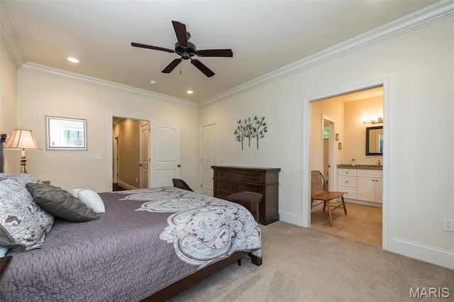21 Lynnbrook Rd, Saint Louis, MO 63131 - bedroom featuring ornamental molding, light colored carpet, ensuite bathroom, recessed lighting, and a ceiling fan