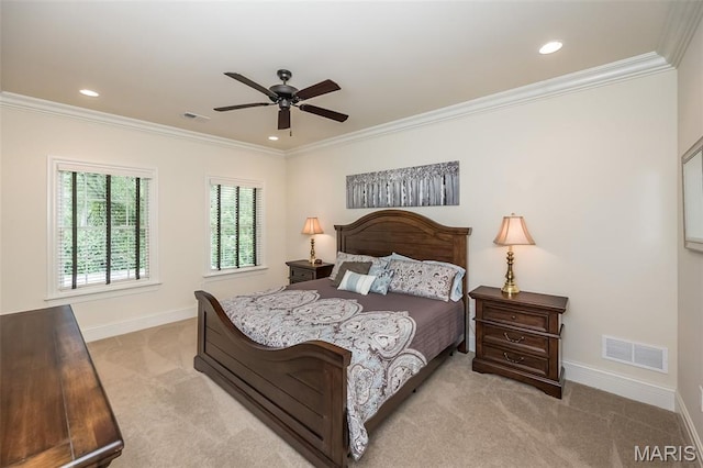 21 Lynnbrook Rd, Saint Louis, MO 63131 - bedroom with light carpet, crown molding, recessed lighting, and ceiling fan