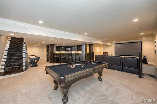 21 Lynnbrook Rd, Saint Louis, MO 63131 - game room featuring ornamental molding, light carpet, pool table, bar, and recessed lighting