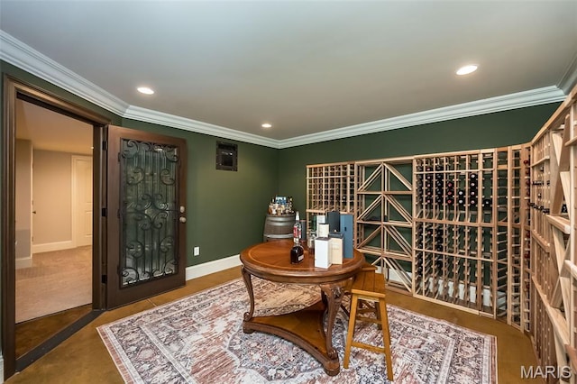 21 Lynnbrook Rd, Saint Louis, MO 63131 - wine area featuring crown molding and recessed lighting
