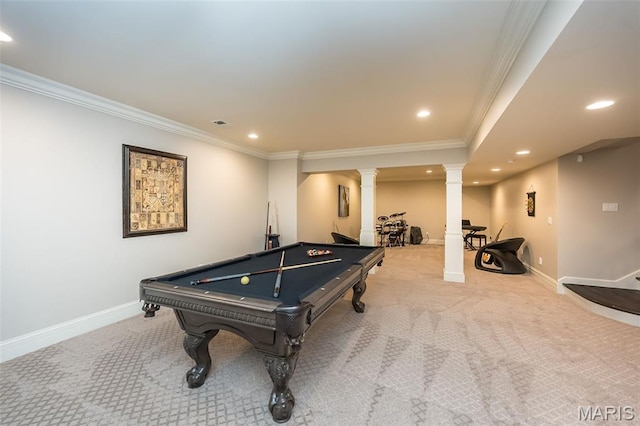 21 Lynnbrook Rd, Saint Louis, MO 63131 - rec room featuring ornate columns, carpet, ornamental molding, billiards, and recessed lighting