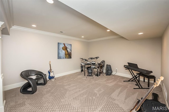 21 Lynnbrook Rd, Saint Louis, MO 63131 - recreation room with carpet flooring, crown molding, and recessed lighting
