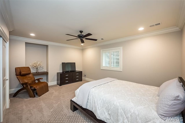 21 Lynnbrook Rd, Saint Louis, MO 63131 - bedroom featuring crown molding, light carpet, recessed lighting, and a ceiling fan