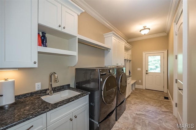 21 Lynnbrook Rd, Saint Louis, MO 63131 - washroom with separate washer and dryer, cabinet space, and ornamental molding