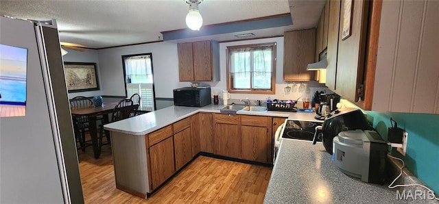 8739 Shawneetown Trl, Chester, IL 62233 - kitchen with black microwave, a peninsula, wall chimney range hood, light wood-style floors, and light countertops