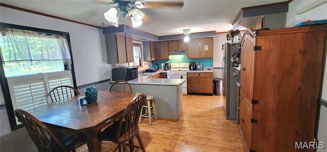 8739 Shawneetown Trl, Chester, IL 62233 - kitchen featuring white electric range oven, black microwave, ceiling fan, under cabinet range hood, and freestanding refrigerator