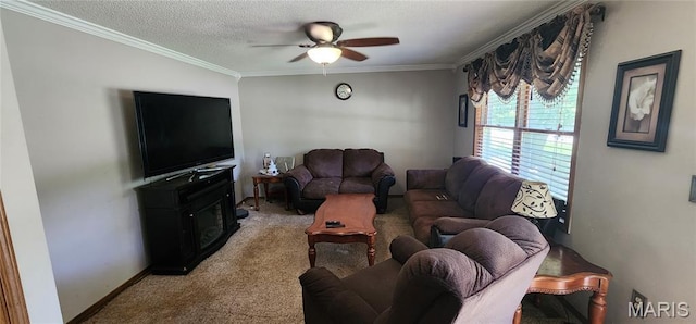 8739 Shawneetown Trl, Chester, IL 62233 - living area with a ceiling fan, ornamental molding, carpet flooring, and a textured ceiling
