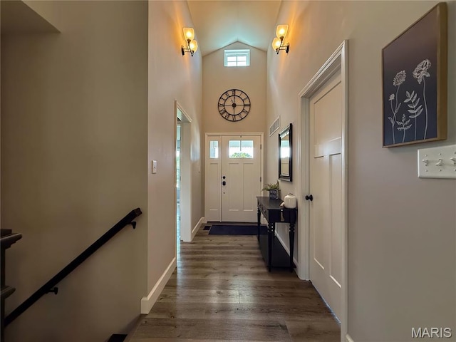 358 N Thomas St, De Soto, MO 63020 - entryway featuring dark wood finished floors and high vaulted ceiling