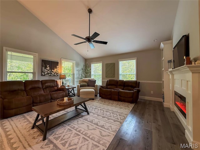 358 N Thomas St, De Soto, MO 63020 - living room featuring ceiling fan, hardwood / wood-style floors, high vaulted ceiling, and a glass covered fireplace