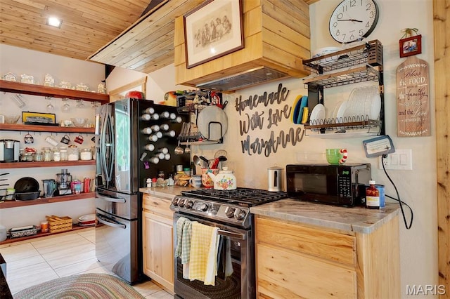 3204 Westwood Rd, Saint Clair, MO 63077 - kitchen featuring appliances with stainless steel finishes, open shelves, light countertops, light tile patterned flooring, and wooden ceiling