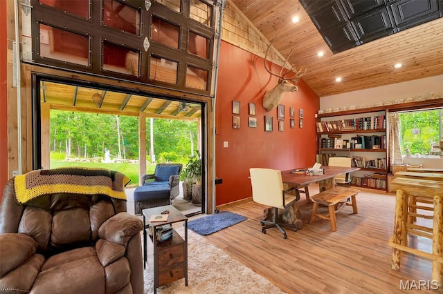 3204 Westwood Rd, Saint Clair, MO 63077 - dining room with wooden ceiling, high vaulted ceiling, recessed lighting, and light wood-style floors