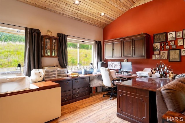 3204 Westwood Rd, Saint Clair, MO 63077 - home office featuring wooden ceiling, light wood-style floors, and high vaulted ceiling