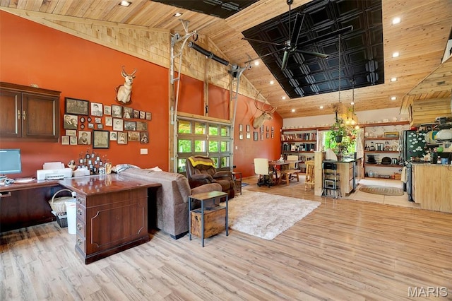 3204 Westwood Rd, Saint Clair, MO 63077 - home office with wood ceiling, high vaulted ceiling, light wood finished floors, ceiling fan, and recessed lighting