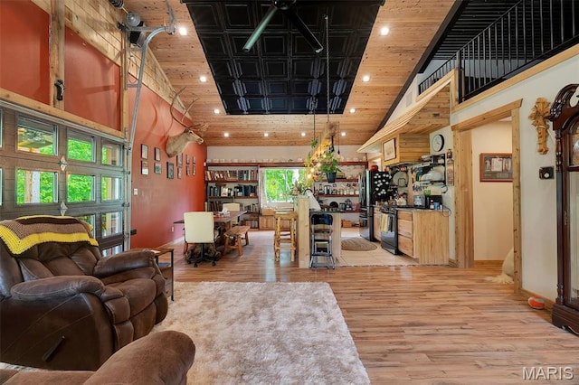 3204 Westwood Rd, Saint Clair, MO 63077 - living area with wood ceiling, light wood-style flooring, and recessed lighting